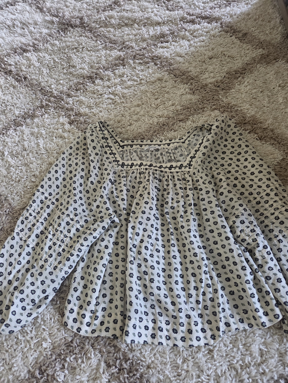 Madewell Cream Square-Neck Peasant Blouse with Black Floral Dots
